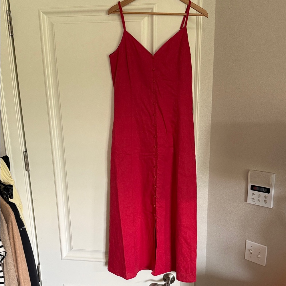 PAIGE Red Button-Front Midi Slip Dress